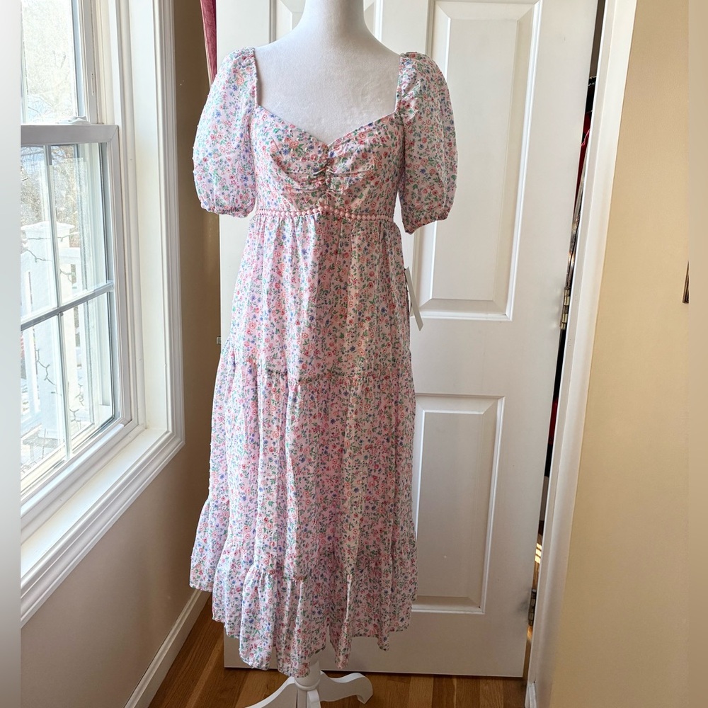 Kingston Grey Cotton Micro Floral Puff Sleeve Dress Pink Multicolor Size M NWT
